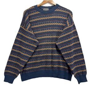 VTG Sansabelt Sport Striped Wool Blend Sweater Mens L Blue‎ Brown Geometric Knit